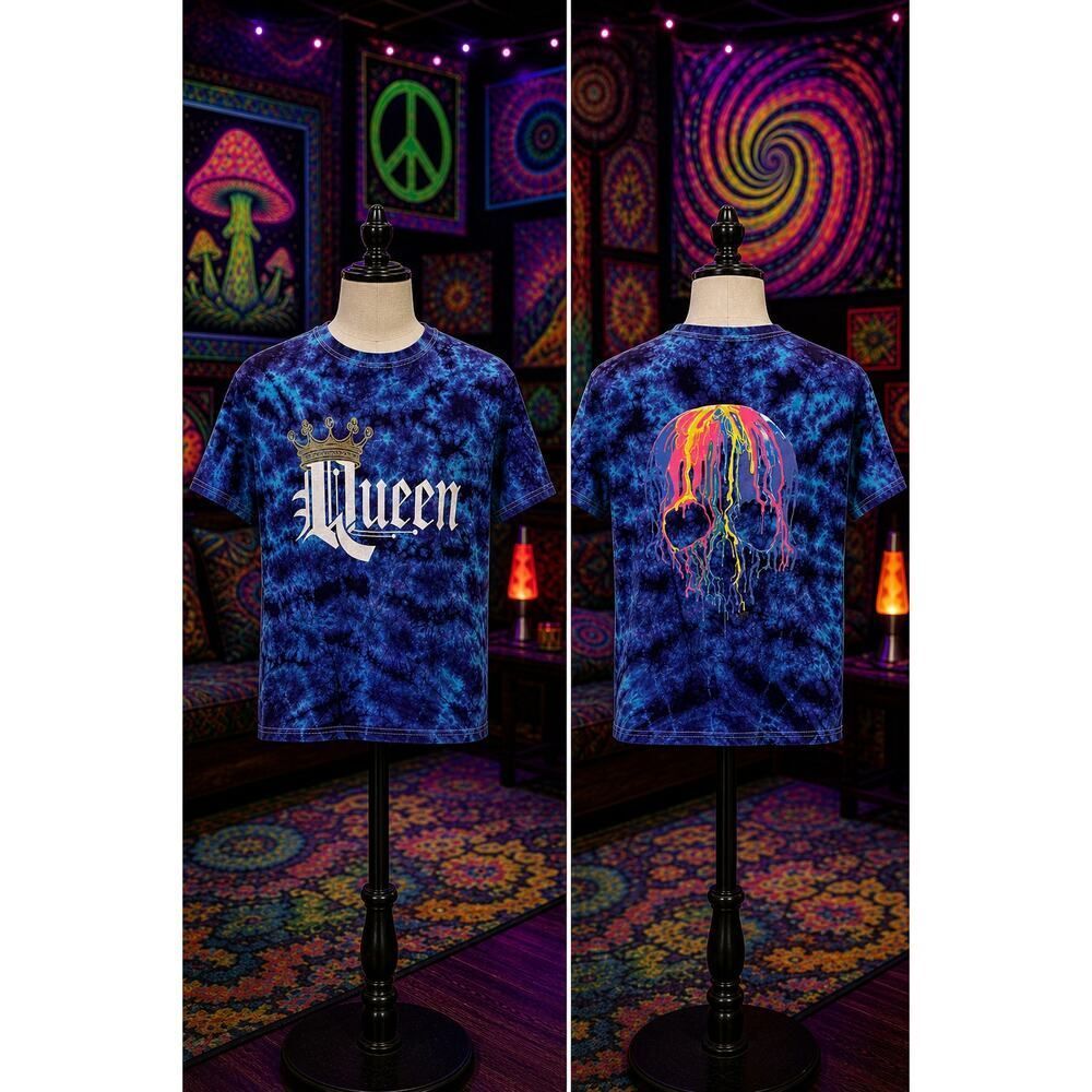 Queen Tie Dye Skull Graphic Band Tee Blue Purple Shirt Small